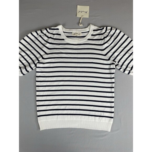 Marled Short Sleeve Sweater Women's Small Ivory Navy Stripped Preppy Basic - Picture 1 of 14